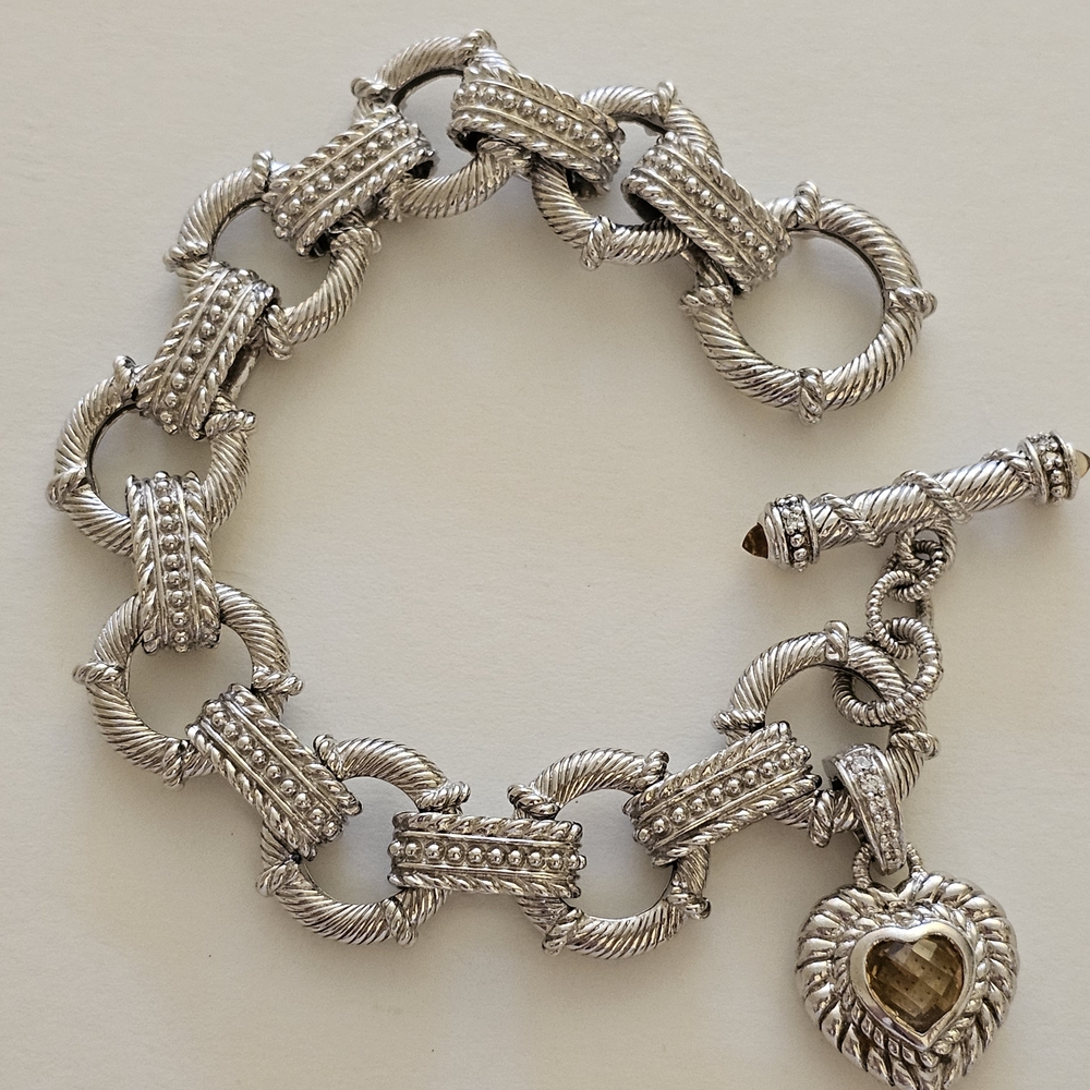 Judith Ripka Sterling Citrine Heart Toggle Bracelet 7.75" 51.3 Grams